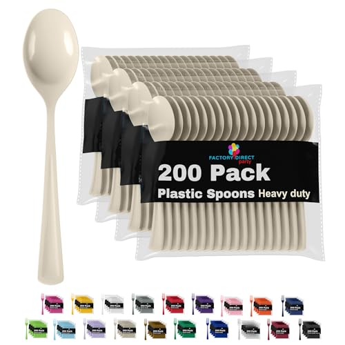 Party Solids Ivory Plastic Spoons 200 Pieces Ivory Spoons Disposable Utensils Heavy Duty Plastic Cutlery Set Disposable Cutlery Sets Flatware Sets Silverware Set Party Supplies & Party Tableware (Ivory / Spoons)
