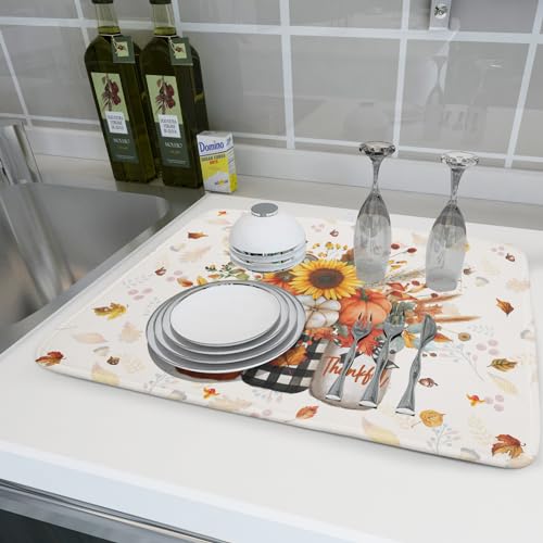 Autumn Pumpkin Dish Drying Mat 18x24 Inch Sunflower Flower Vase Washable Draining Mat with Hanging Loop Seasonal Holiday Home Decoration (Pumpkin Vase / 18" x 24")