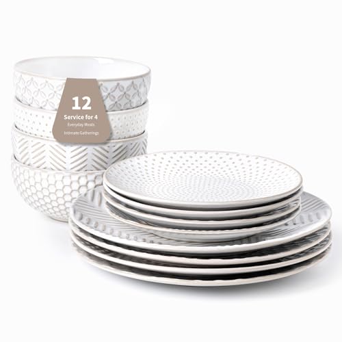 12 Piece Embossed Dinnerware Sets for 4 (White-Mixed Embossment / Service for 4 (12pcs))