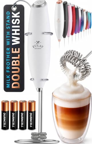 Powerful Milk Frother Wand With Duracell Batteries (Freezing White / Double Whisk + Batteries)