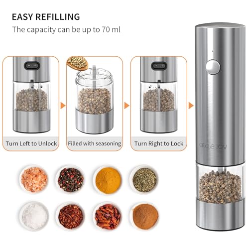 Electric Salt and Pepper Grinder Set Stainless Steel Spice Grinder Automatic Pepper Mills with Easy (Upgrade Silver)