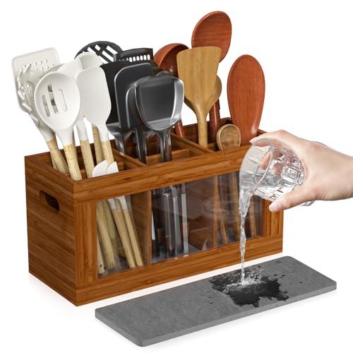 Bamboo Kitchen Utensil Holder with Drying Stone and 6 Compartments (Brown / Medium)
