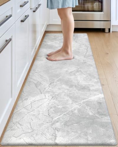 Kitchen Floor Mats Cushioned Anti Fatigue (White Marble / 107"L x 23"W x 0.4"Th)