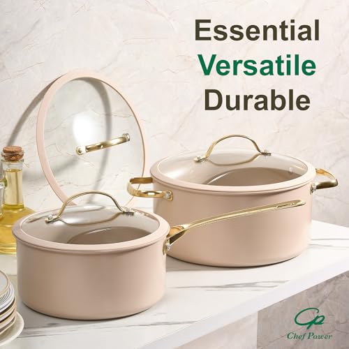 Ceramic Cookware Sets (Taupe / 15Pcs Set)