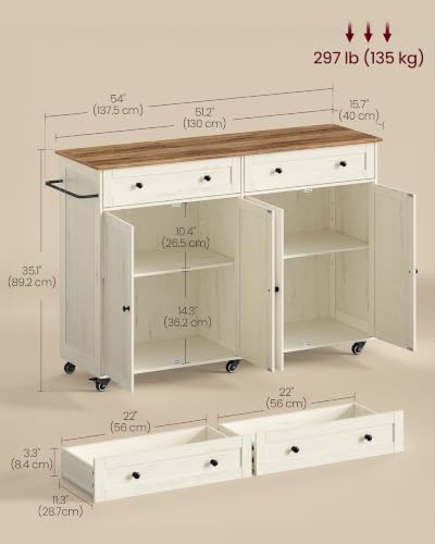 Mobile Kitchen Wooden Island Cart with Storage for Dining Room (Rustic White + Honey Brown / 15.8"D x 53.7"W x 35.1"H)