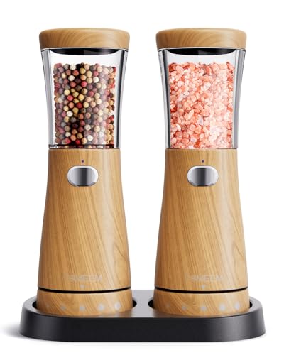 Electric Salt and Pepper Grinder Set with Storage Base (Light Wood Grain)
