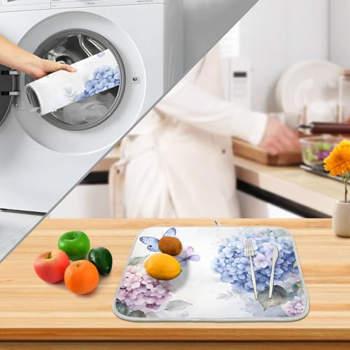 Blue Pink Hydrangea Spring Floral Dish Drying Mat for Kitchen Counter Absorbent Microfiber Small Drying Pad Dish Mats for Kitchen Countertops 16 x 18 Inch (18" x 16")
