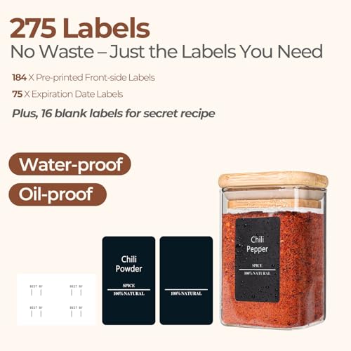 Square Glass Spice Jars with Labels 8 oz 12 Pack with Bamboo Lids (12 Count)