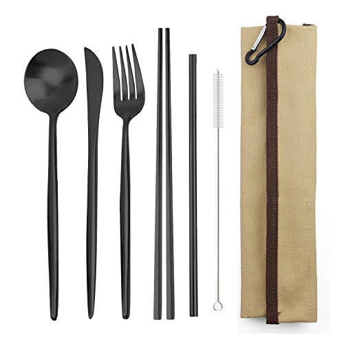 Portable 6 Pieces Flatware Set (Beige Pouch / Black)