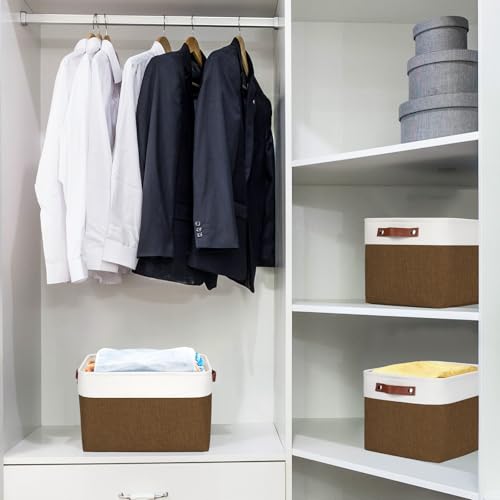 Storage Bins Large Fabric Storage Baskets for Shelves 3 Pack (Brown / Off-White / Large -15"x11"x9.5")