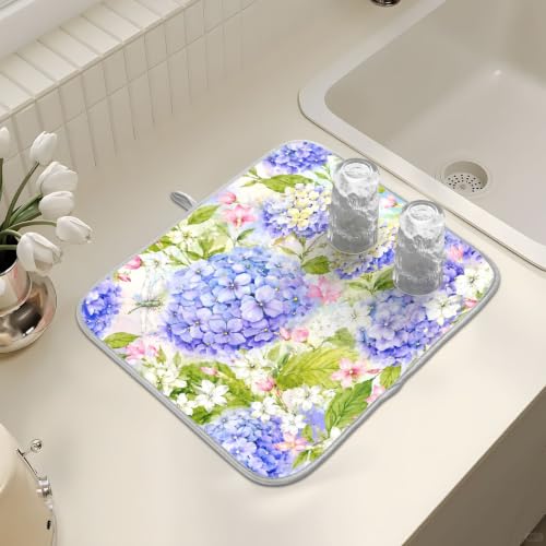 Floral Hydrangea Garden Dish Drying Mat for Kitchen Counter Absorbent Microfiber Large Drying Pad Dish mats for Kitchen Countertops 18 x 24 Inch01 (Spring Summer Flowers / 24" x 18")