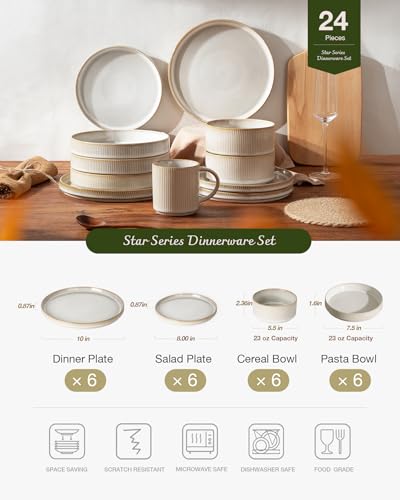 Star Stoneware Dinnerware Sets with Pasta Bowls (Cappuccino White)