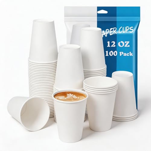 Coffee Cups 12 oz 100 Count Disposable Paper Coffee Cups White (White - 12 oz)