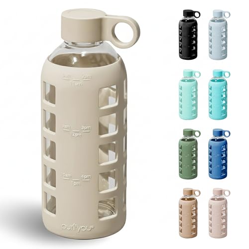 40oz / 32oz / 22oz / 12oz Borosilicate Glass Water Bottle with Time & Volume Markers, Silicone Sleeve, Stainless Steel Lid | Reusable Glass Bottle for Water & Juice (22oz Pearled Ivory) (Pearled Ivory (1 Count) / 22 Ounces)