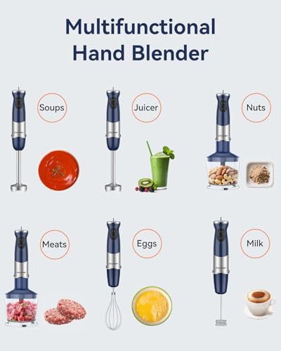 Immersion Blender Handheld 1000W 5 in 1 Corded Stick Hand Blender Kitchen with 12 Speed (Blue)