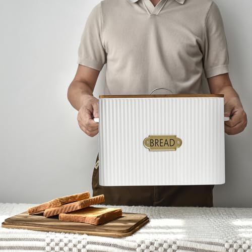 Vertical Stripes Extra Large Space Saving Farmhouse Bread Box with Wood Lid