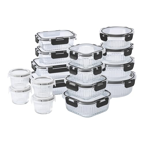 Premium 32 Pc. Borosilicate Glass Food Container Set with Dividers (Fluted Ombre Black)