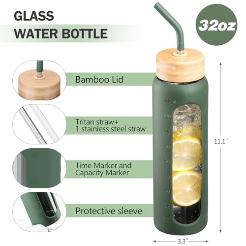 32oz Glass Water Bottle with Straw and 2 Lids (Olive / 32 Ounces)