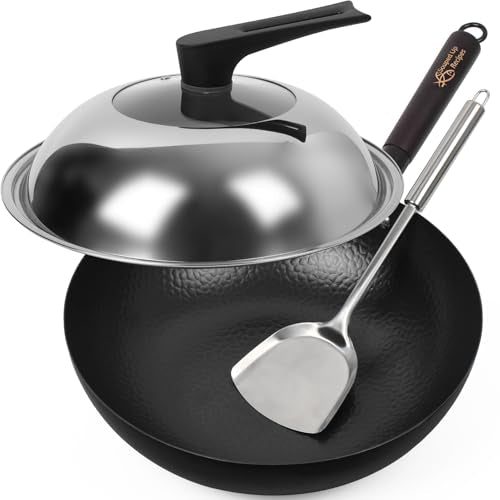 13.4 Inch Carbon Steel Wok For Electric (D-13.4 inch Wok with Stainless Steel & Glass Lid)