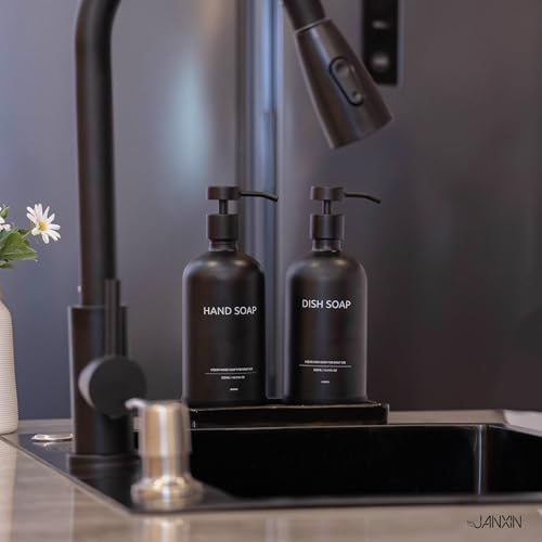 Glass Kitchen Soap Dispenser Set with Ceramic Tray (Black Bottles +Black Pumps)