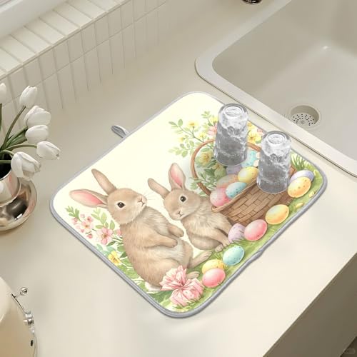 Cute Easter Bunny Rabbit Eggs Dish Drying Mat for Kitchen Counter Absorbent Microfiber Small Drying Pad Dish Mats for Kitchen Countertops 16 x 18 Inch (18" x 16")