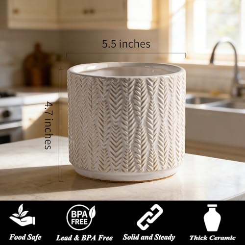 Utensil Holder Rustic Farmhouse Ceramic Utensil Crock for Countertop 5.3 (White)