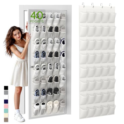 Over the Door Shoe Organizer with 40 Large Breathable Mesh Pockets (White / 40 Pockets)