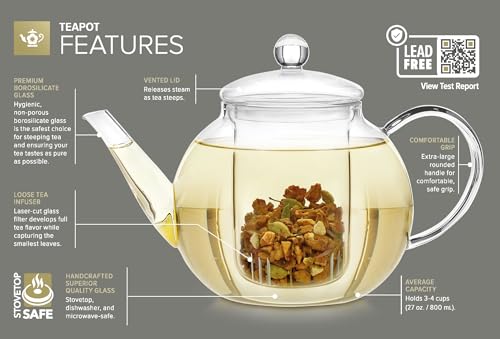 Stovetop & Microwave Safe Glass Teapot with Removable Loose Tea Glass Infuser (27 FL OZ (2-3 CUPS))