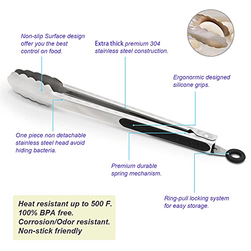 304 Stainless Steel Kitchen Cooking Tongs (12" & 14" / Black)