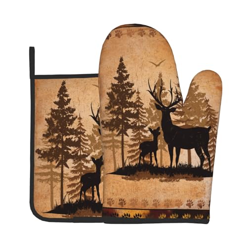 Forest Deer Oven Mitts and Pot Holder Kitchen Accessories Sets Wildlife Animal Heat Resistant Oven Gloves Hot Pads for Baking Cooking BBQ (Forest Deer)