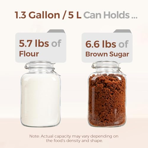 Square Glass Jars with Airtight Lid 1.3 Gallon 2 Pack Large Canister (1.3 gallon x 2)