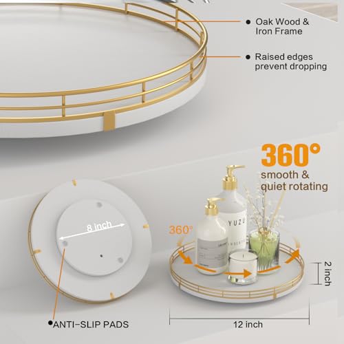 12 Inch White Wooden Lazy Susan Spice Organizer with Gold Rail (White & Gold / 12)