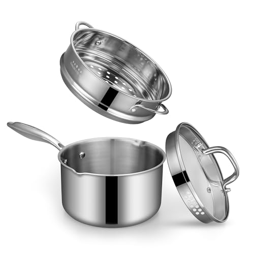 Tri Ply Stainless Steel Sauce Pan with Steamer Basket & Straining Glass Lid (2.5 QT)