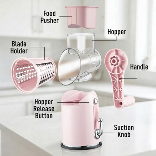 Rotary Cheese Grater Manual Hand Crank 5 Blade Shredder (5 Blades / Classic | Pink)