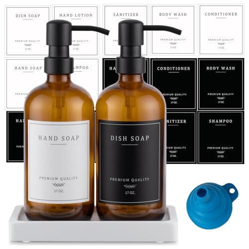 Thick Glass Soap Dispenser (Amber Bottle/Black Pump + Tray + Funnel)