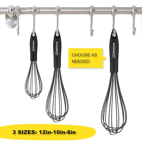 Silicone Whisk Set 8" 10" 12" Kitchen Whisk Black (Black / 3-Pack)