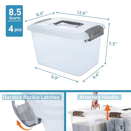 4 Packs 8.5 QT Storage Bins with Lids Clear Plastic Bins with Grey Handle Stackable Storage Containers for Organizing (8.5QT / 4 PACK)