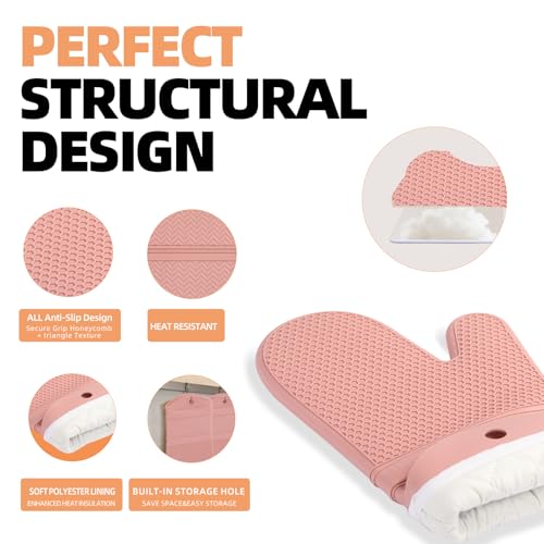 Silicone Oven Mitts Kitchen Potholder Set (2PCS-13"L x 7"W/PINK-HONEYCOMB SURFACE)