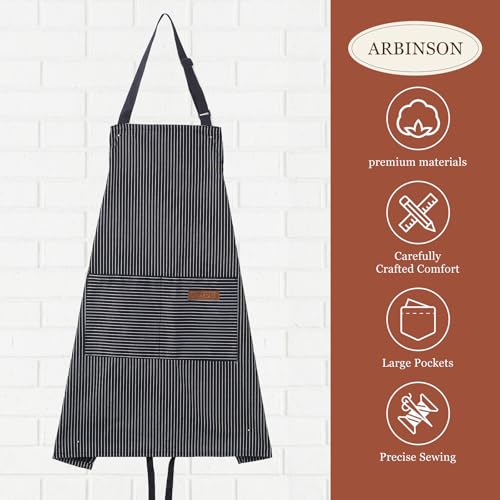 2 Pack Cooking Aprons Adjustable Bib Apron for Women with 2 Pockets (Black Stripes/Black Pinstripe)