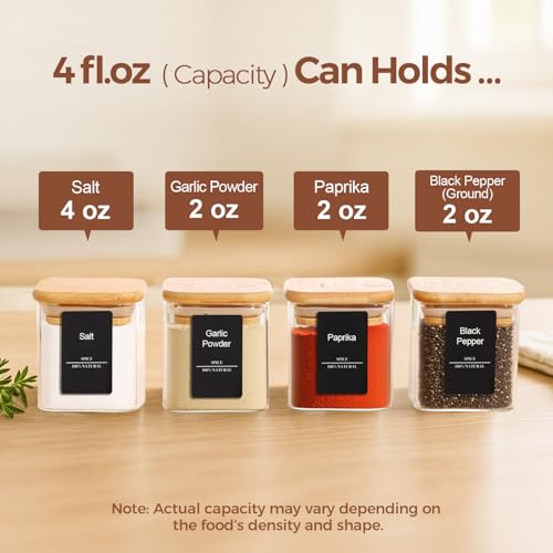 Square Glass Spice Jars with Labels 4 oz 6 Pack with Bamboo Lids (6 Count)