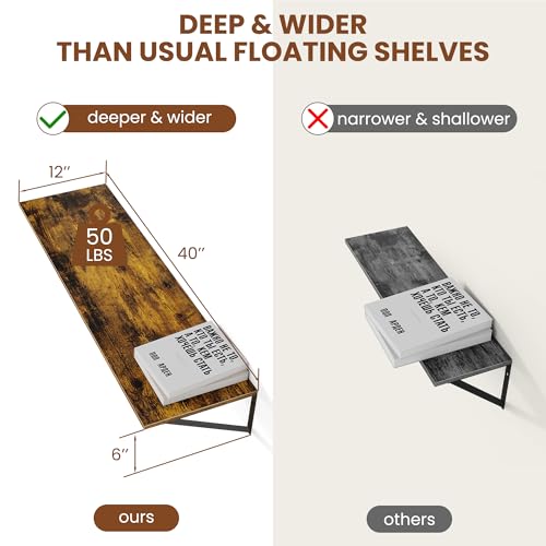 40W x 12D Deep Floating Shelves Set of 2 Rustic Brown (Rustic Brown With Black Metal Bracket / 40Wx12Dx5.8H)
