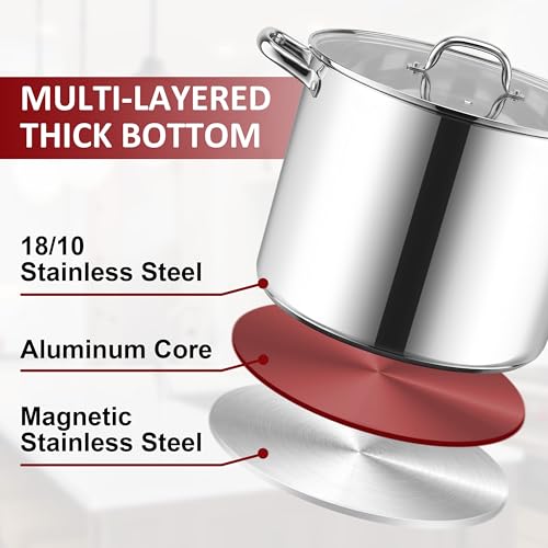 20-Quart 18/10 Stainless Steel Stock Pot with Lid, Large Heavy Duty Soup Pot Compatible with Electric, Gas, Induction and Gas Cooktops, Non-Toxic & Corrosion Resistant, Dishwasher Safe (20 Quarts)