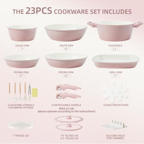 23pcs Ceramic Pots and Pans Set (Pink 23 Pcs)
