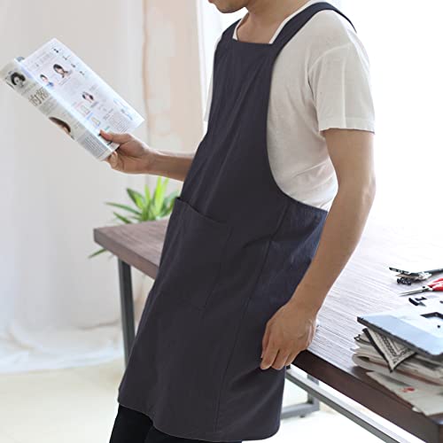 Japanese Linen Cross Back Kitchen Cooking Aprons for Men with Pockets for Baking Painting Gardening Cleaning Navy