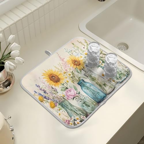 Spring Summer Floral Jars Flowers Dish Drying Mat for Kitchen Counter Absorbent Microfiber Small Drying Pad Dish Mats for Kitchen Countertops 16 x 18 Inch (18" x 16")