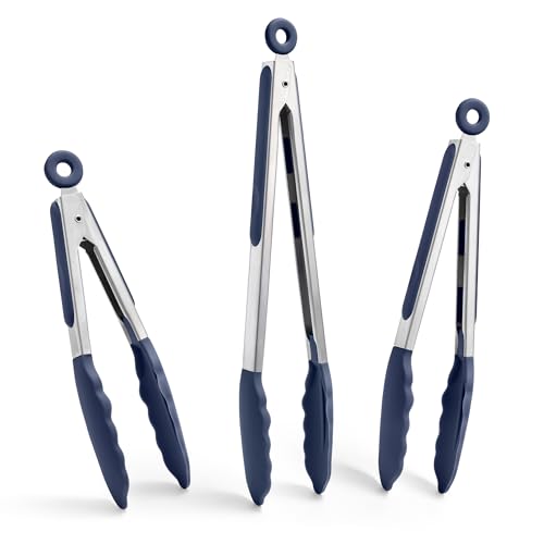 Kitchen Tongs with Silicone Tips for Cooking Serving (Set of 3 (7+9+12in) / Navy Blue)