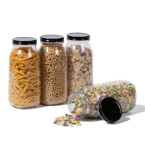 64 oz Large Plastic Mason Jars with Airtight Lids Wide Mouth (Black)