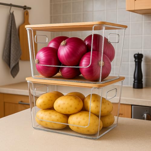 6 Pack Clear Stackable Storage Bins with Bamboo Lids (6 Count)