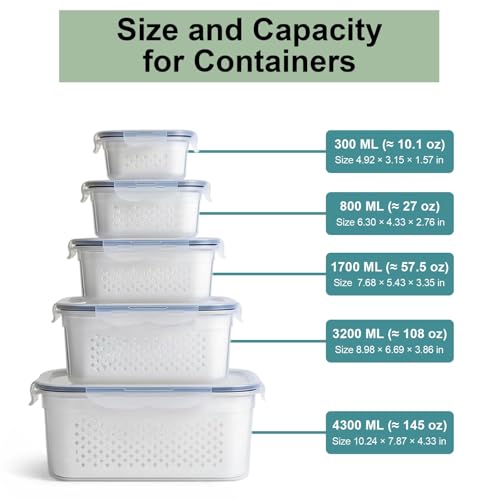 5 Pack Large Fruit Storage Containers for Fridge with Removable Colander (5 Pack - Fruit Containers)