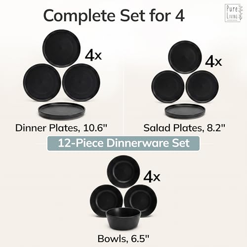 12 Piece Black Dinnerware Set for 4 (Matte Black / Set for 4 (12pcs))